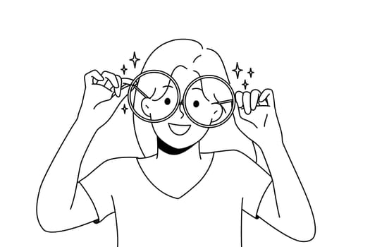 Smiling girl in big glasses for sight correction. Happy child wear spectacles for better eyesight. Optics concept. Vector illustration.