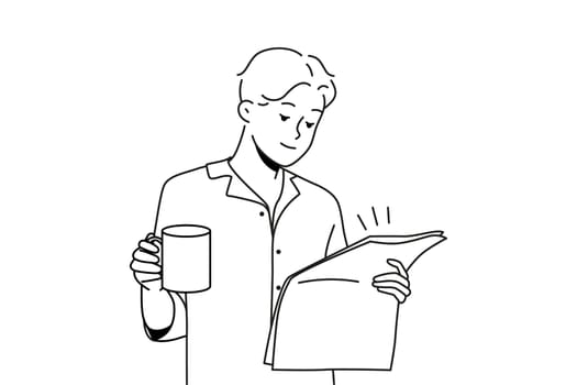 Happy young man in pyjama drinking coffee reading newspaper. Smiling male enjoy morning at home. Daily routine. Vector illustration.
