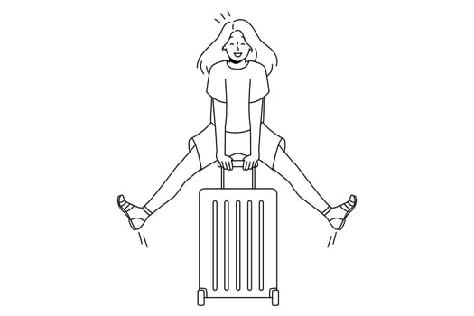 Excited young woman with suitcase feeling joyful with summer vacation. Smiling girl ready for summertime holidays. Vector illustration.