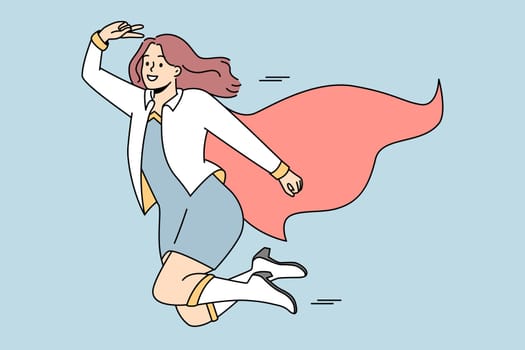 Smiling businesswoman in superhero costume flying in sky. Happy woman dressed as super hero feel motivated and successful with business achievement. Vector illustration.