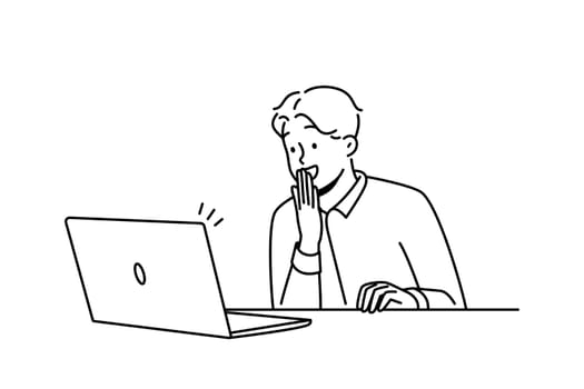 Happy male employee look at laptop screen excited with good news online. Smiling businessman shocked by pleasant message on computer. Vector illustration.