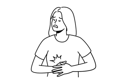 Unhealthy young woman suffer from acute stomachache. Unwell female struggle with belly pain or spasm. Healthcare. Vector illustration.