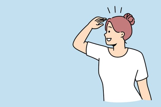 Smiling woman looking in far searching for new perspective and opportunities. Happy female waiting to best to come. Vector illustration.