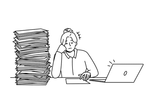 Tired unmotivated businesswoman sit at desk with pile of paperwork. Exhausted female employee overwhelmed with paper documents. Job burnout. Vector illustration.