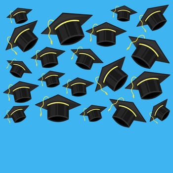 Black Graduation Cap Icon Set on Blue Background.