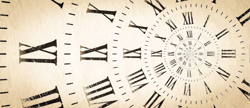 Droste effect background with infinite clock spiral. Abstract design for concepts related to time and deadline.