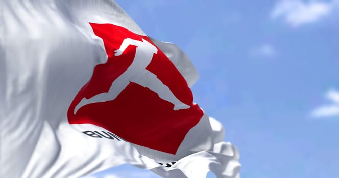 Munich, GER, July 2022: Close-up of the Bundesliga flag waving in the wind. Bundesliga is a professional association football league in Germany. Illustrative editorial