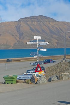Unique Direction Sign Outside the Airport in Longyearbyen Norway