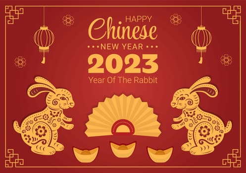 Chinese Lunar New Year 2023 Day of the Rabbit Zodiac Sign Template Hand Drawn Cartoon Flat Illustration with Flower, Lantern and Red Color Background