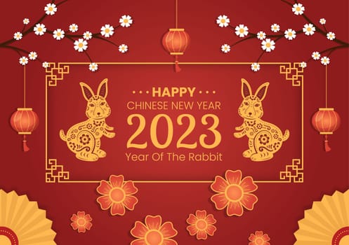 Chinese Lunar New Year 2023 Day of the Rabbit Zodiac Sign Template Hand Drawn Cartoon Flat Illustration with Flower, Lantern and Red Color Background