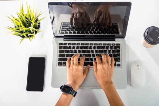 Typing keyboard. Female person text message for new project she remote work on computer, Closeup Hands of business woman over laptop keypad during working at desk, teen chat online with friend