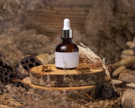 Glass dropper bottle on wood near natural boho decorations close up, label mockup. Skincare beauty product, serum or essence. Bohemian eco friendly cosmetics flat lay with dried leaves.