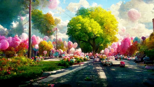 Illustration of a fantasy landscape in the town with pink cotton candy lollipop trees, imagination of a dream world