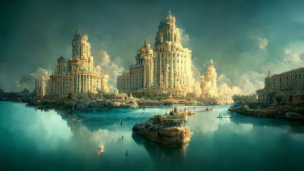Illustration of Atlantis, acient civilization, history and mythology, legend city sunken under the water