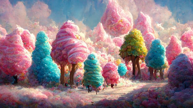 Illustration of a fantasy landscape in the town with pink cotton candy lollipop trees, imagination of a dream world