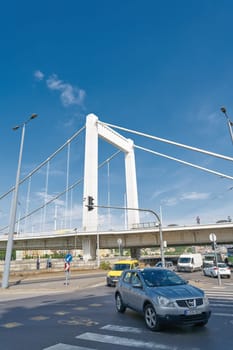 Street scene at Elisabeth bridge, Erzsebet hid in Hungary in Pest district of Budapest during rush hour