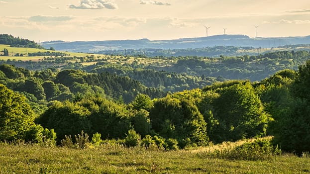A sunny day in Saarland with a view over meadows into the valley. Some sunny clouds in the sky and cows grazing. A moment to linger, rest and enjoy