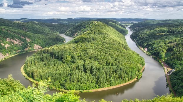 Saarschleife view from tree top walk tower. A lookout tower in Saarland. Pure nature. Scenic a beautiful sight
