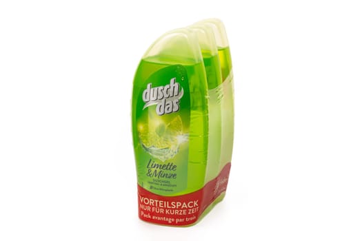 WETZLAR, GERMANY 2022-07-18: Three plastic bottles Duschdas Lime and Mint Shower Gel. Unilever, we've been developing shower gels since 1973.