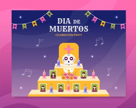 Dia De Los Muertos or Day of the Dead Photocall Template Hand Drawn Cartoon Illustration
