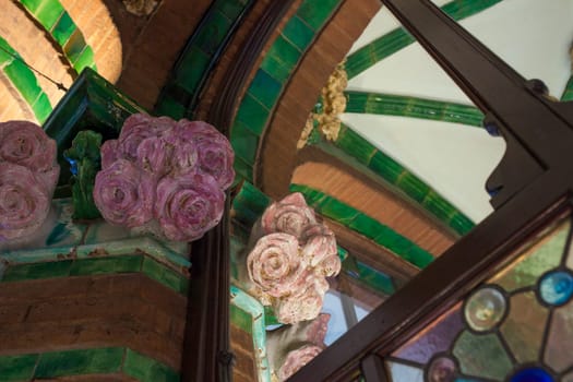 Barcelona, Spain - Dec 29th, 2019: Palace of Catalan Music or Palau de la Musica Catalana. Cafe building. Floral motives