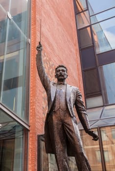 Barcelona, Spain - Dec 29th, 2019: Palace of Catalan Music. Sculpture of Lluis Millet Founder of the Catalan Orfeon