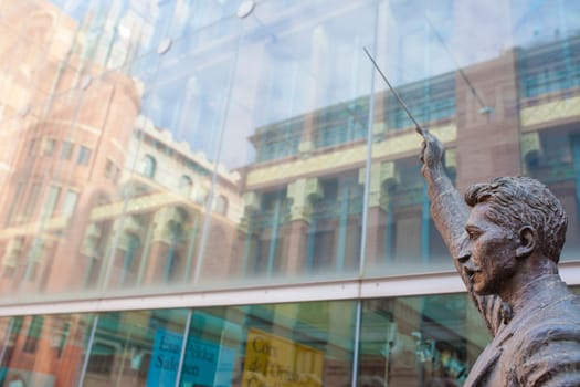 Barcelona, Spain - Dec 29th, 2019: Palace of Catalan Music. Sculpture of Lluis Millet Founder of the Catalan Orfeon