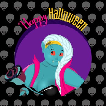 Happy Halloween square card. Modern trendy Halloween card with a vampire. Vampire girl. Carnival costume.