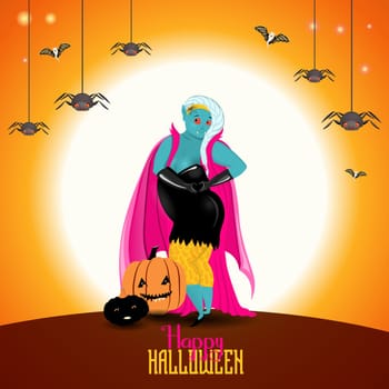 Happy Halloween Party poster with vampire and pumpkins. Vector illustration. Full moon, witches, cobwebs and spiders. Place for text. Brochure background