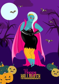 Happy Halloween Party poster with vampire and pumpkins. Vector illustration. Full moon, witches, cobwebs and spiders. Place for text. Brochure background