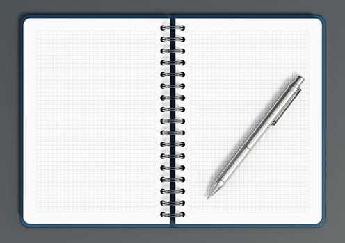 Spiral notepad with blank pages and ball point pen. 3D illustration.