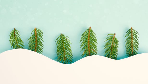 Christmas and new year holiday greeting card and background, winter landscape with fir trees, copy space for text