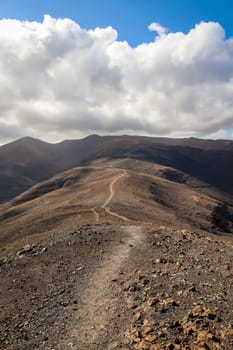 View over a landscape formed by volcanoes on Fuerteventura.