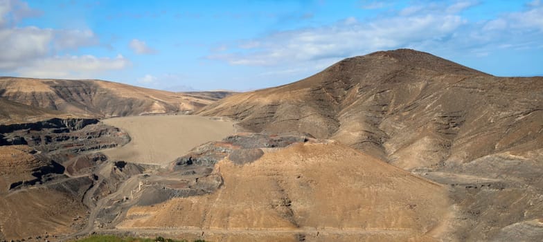 View over a landscape formed by volcanoes on Fuerteventura.