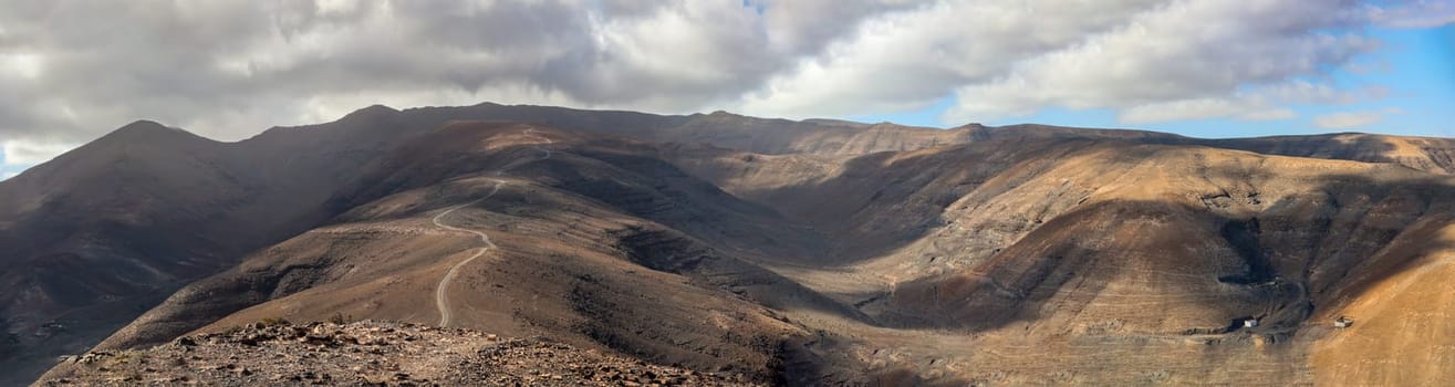 View over a landscape formed by volcanoes on Fuerteventura.
