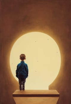 Lonely child standing in front of an open window and looking at the universe, imagine adventures in a dream, being an explorer and discover the cosmos, science and freedom concept