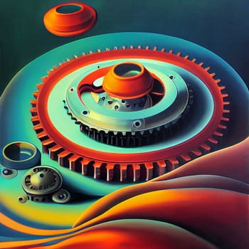 Illustration of colorful cogwheels, brainstorming and creative concept, gear wheels rotation in industrial mashine, business innovation and technology