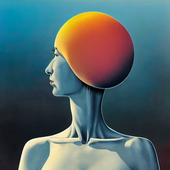 Illustration of artificial intelligence, head with a big brain, futuristic machine, alien or robot woman, science concept