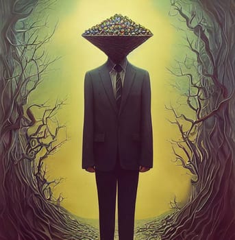 Workaholic man with a funnel head and business suit, overwhelmed by overthinking, working and information, burnout and stress, mental health, illustration