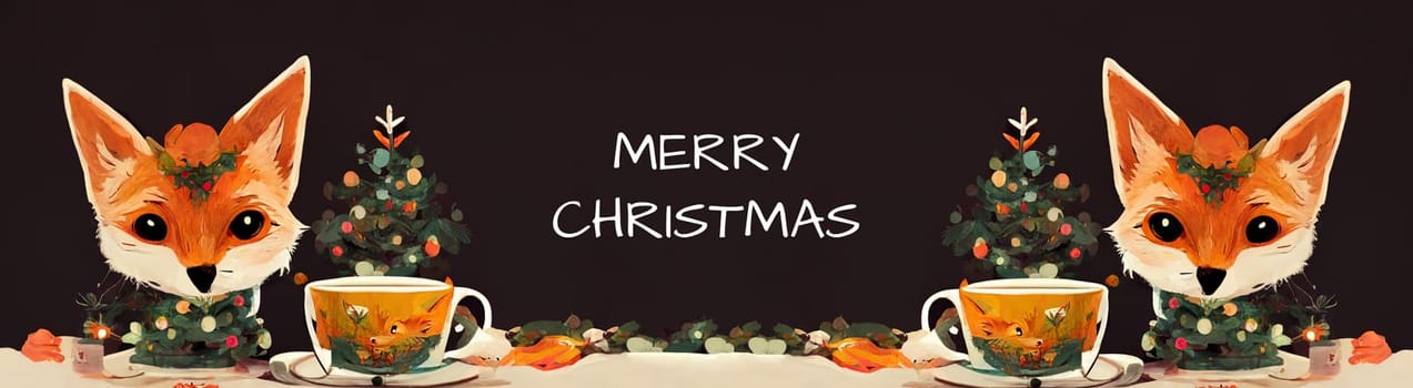 Two fox friends sitting on a table and drinking hot tea, christmas tree with light and baubles, winter greeting card