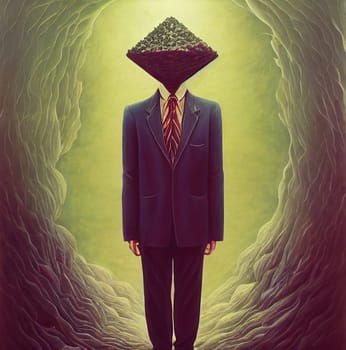 Workaholic man with a funnel head and business suit, overwhelmed by overthinking, working and information, burnout and stress, mental health, illustration