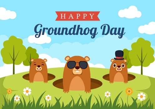 Happy Groundhog Day on February 2 with Cute Marmot Character and Garden Background Template Hand Drawn Cartoon Flat Illustration
