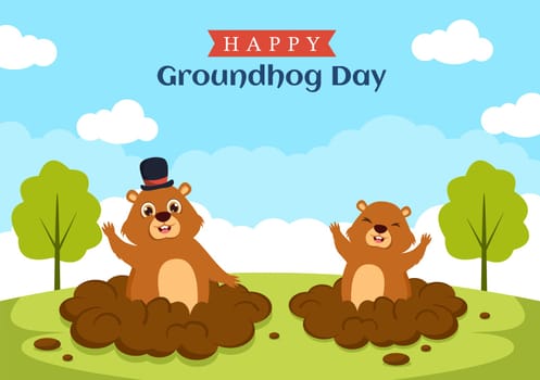Happy Groundhog Day on February 2 with Cute Marmot Character and Garden Background Template Hand Drawn Cartoon Flat Illustration