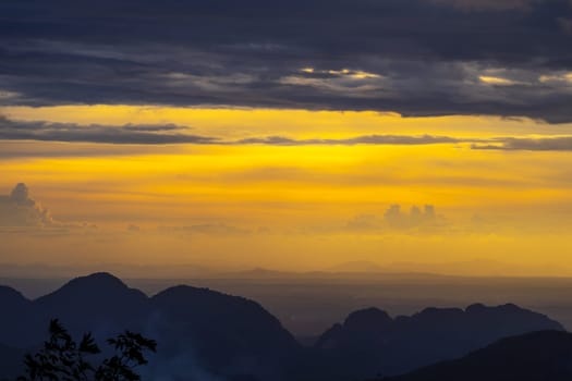 View of landscape nature on mountain and sky sunset and sunrise evening light in twilight