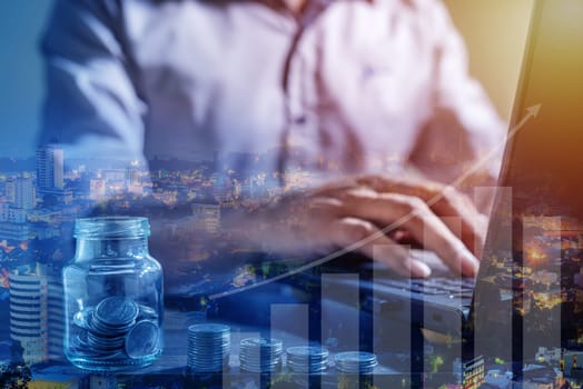 Duoble Exposure, Online Finance And Banking Savings Concept, Online Investment Savings, Online Stock Investors, Internet Financial Transactions, Save Monney for Investors Using Internet to Trade Stocks or Trade Fund