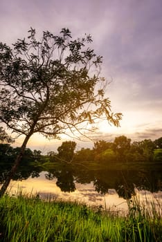 View of landscape nature and river and mountain in evening light