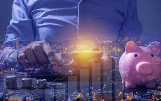 Duoble exposure, Investor online saving concept, Online Investment Savings, Online Stock Investors, Internet Financial Transactions, Save Monney for Investors Using Internet to Trade Stocks or Trade Fund
