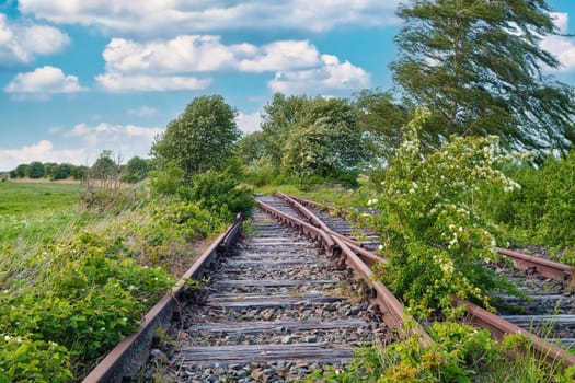 old wagons and tracks on the former railway line to Fischland-Darss peninsula, Bresewitz, Mecklenburg-Western Pomerania, Germany