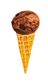 Chocolate ice cream scoop in a waffle cone. Watercolor hand drawn illustration isolated on white background