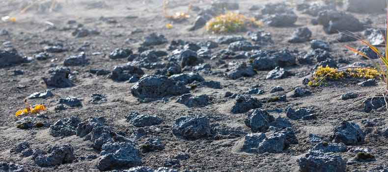 The View of black sand volcanic desert and stone on Kamchatka Peninsula